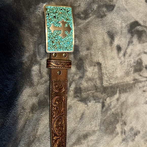 NOCONA Brown WESTERN LEATHER Belt Teal Buckle S - Picture 7 of 10